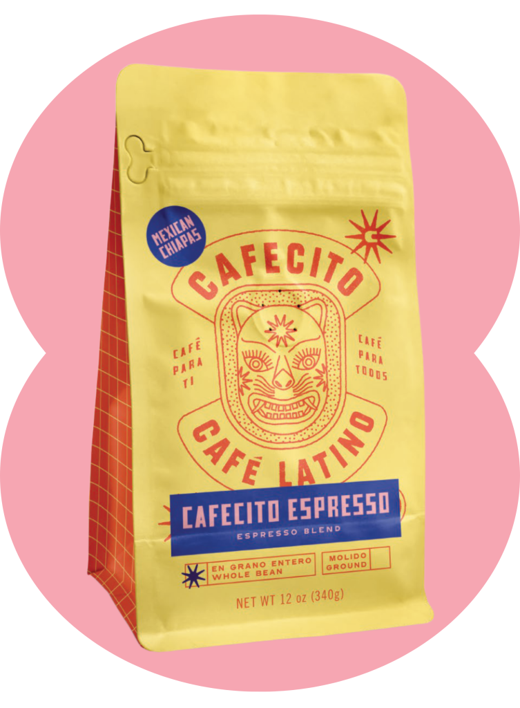 Cafecito Espresso whole bean coffee bag with yellow packaging and bold espresso blend branding