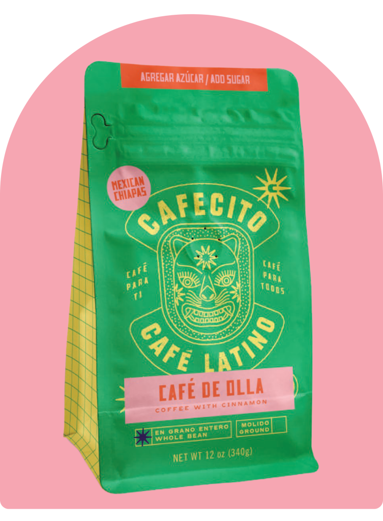 Café de Olla Mexican coffee bag with green packaging inspired by traditional cinnamon coffee