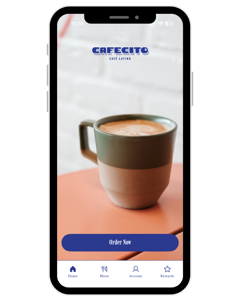 Phone showing the Cafecito mobile app with a coffde and order now button.