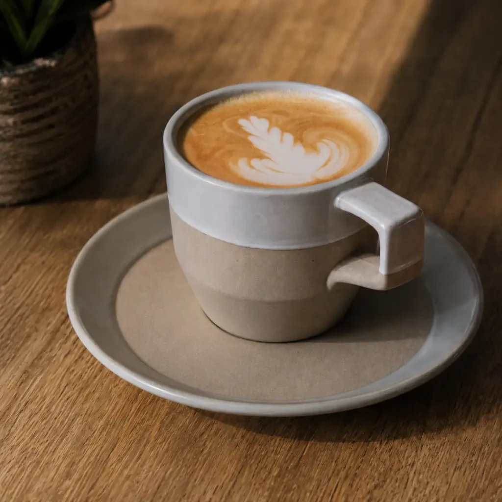 A latin coffee, Cortadito, with steamed milk in ceramic cup